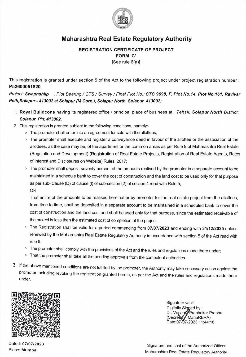 RERA Certificate Swapnashilp